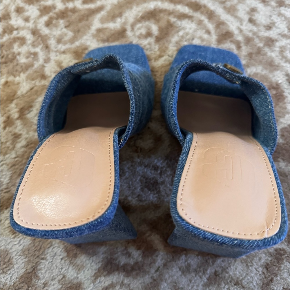 Denim Slide Mules with Block Heel - Blue - Picture 6 of 9